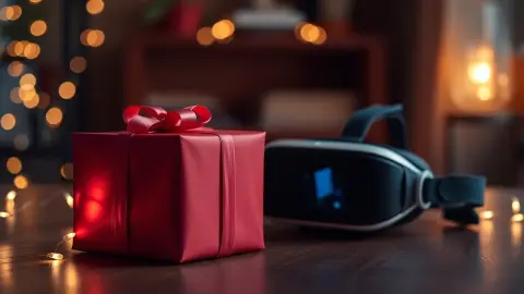 Wrapped gift box next to a VR headset on a wooden table with soft lights