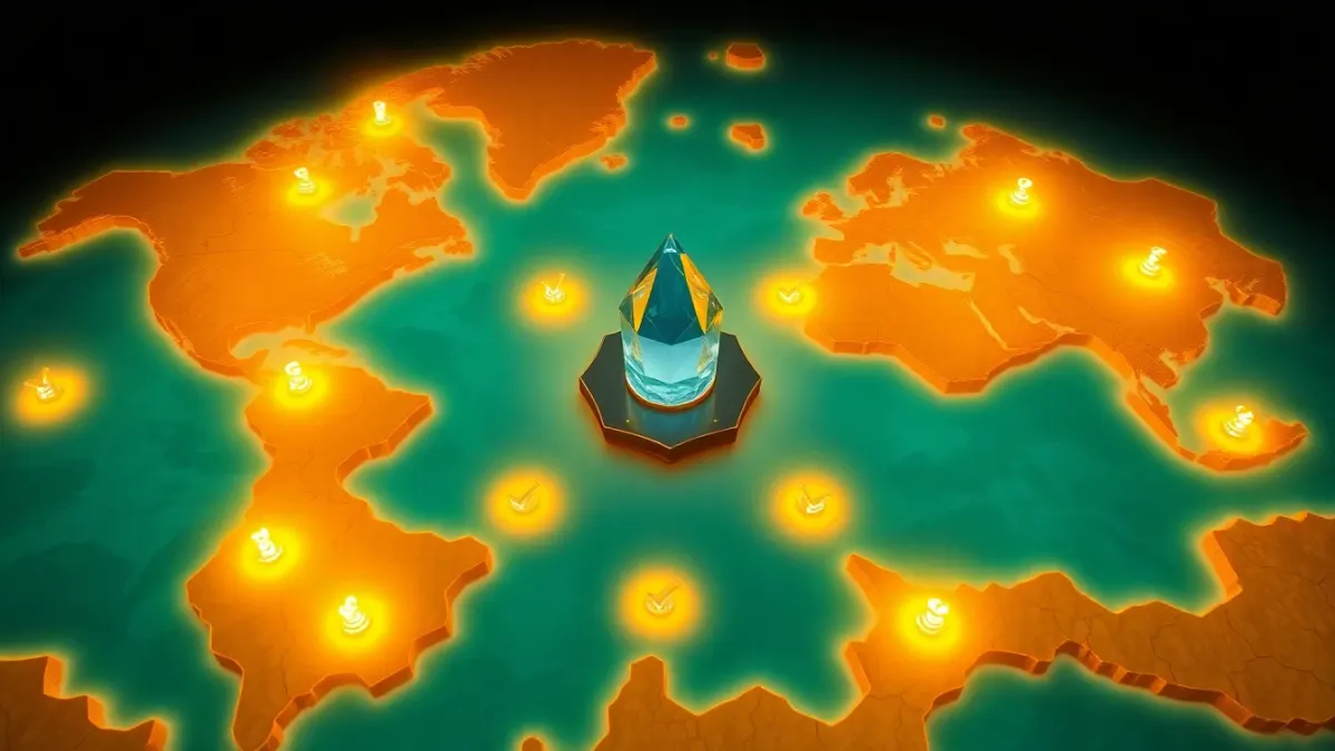 Glowing map of eight fantasy realms with completed regions marked