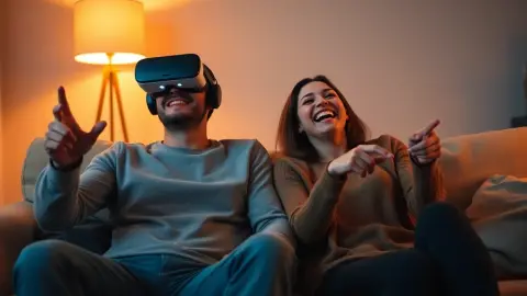 Couple on a sofa, one playing VR and the other laughing and giving advice
