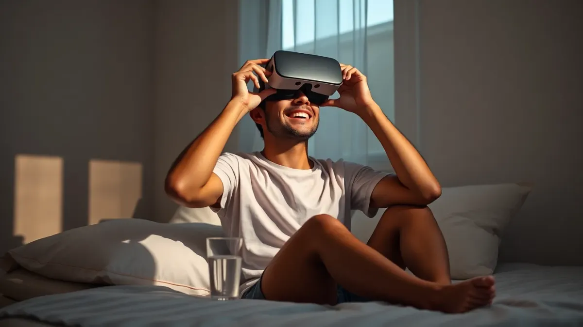 Person taking a break from VR with a glass of water in calm light