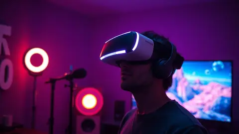 Content creator in VR headset with ring light and microphone in a dim room
