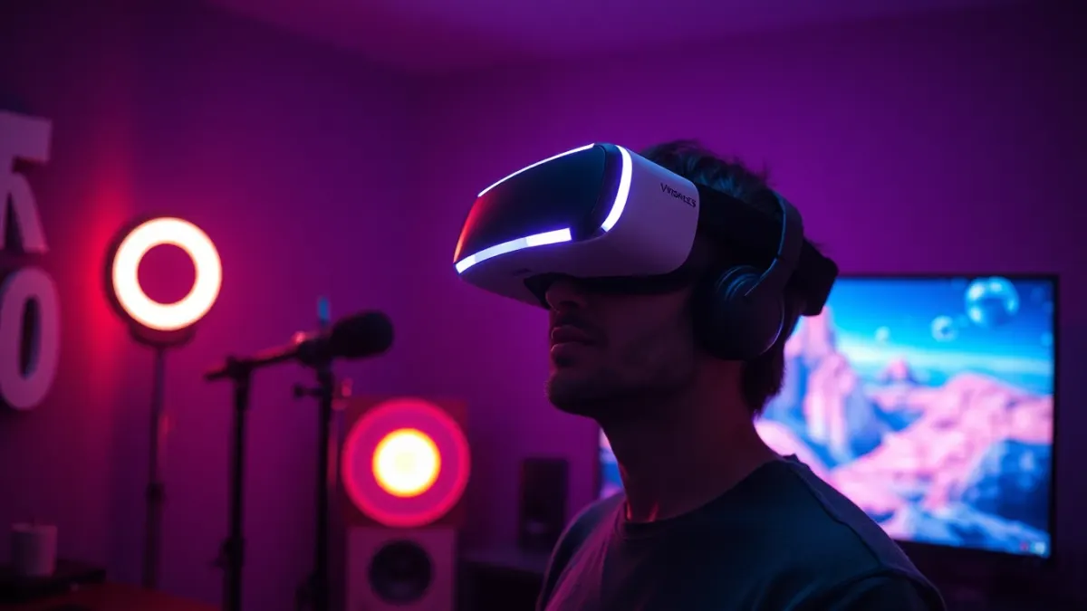 Content creator in VR headset with ring light and microphone in a dim room