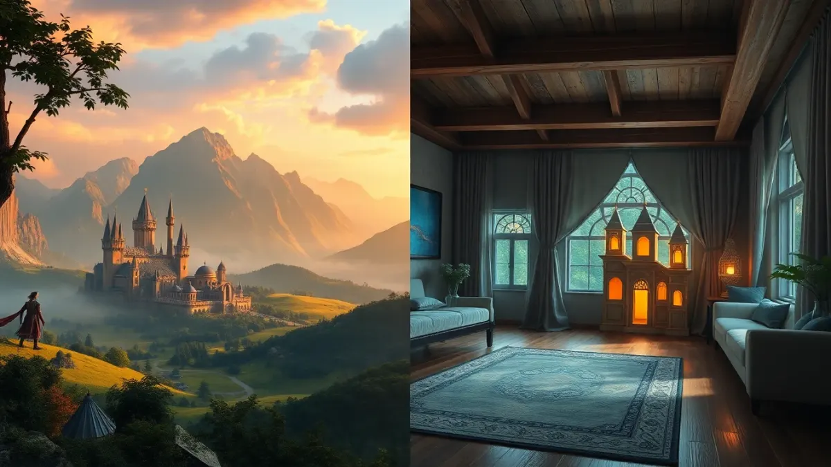 Split image of a fantasy valley battlefield and the same towers in a living room