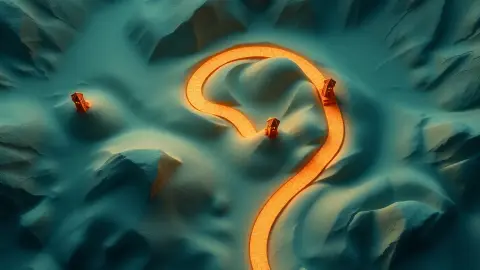Winding fantasy path with towers placed like puzzle pieces on a glowing landscape