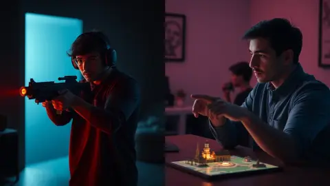 Split image of a VR player aiming a blaster and the same player planning over a glowing map