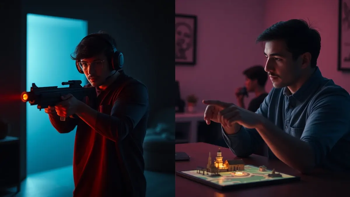 Split image of a VR player aiming a blaster and the same player planning over a glowing map
