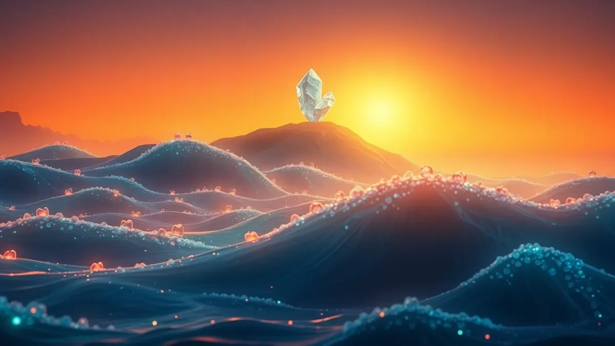 Waves of tiny monster silhouettes rolling toward a glowing crystal on a hill