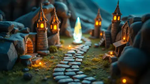 Fantasy diorama with towers along a winding path leading to a glowing crystal