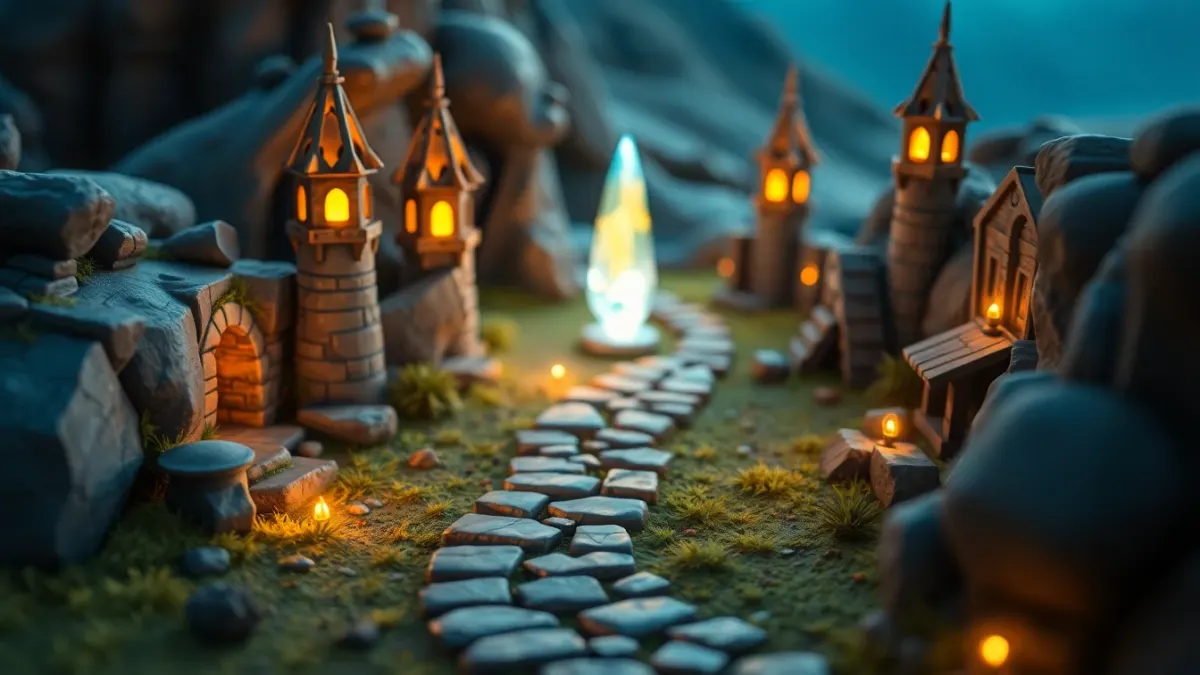 Fantasy diorama with towers along a winding path leading to a glowing crystal