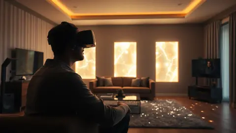 Person in a living room with glowing virtual portals opening in the walls