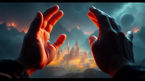 Hands hovering over a glowing miniature battlefield of towers and monsters