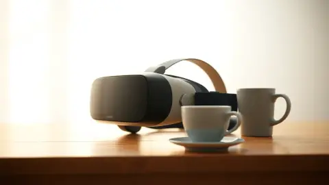 VR headset and coffee cup on a clean bright desk