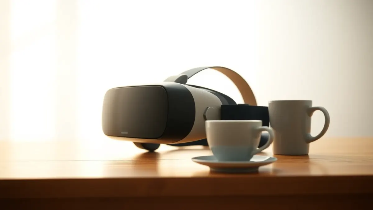 VR headset and coffee cup on a clean bright desk