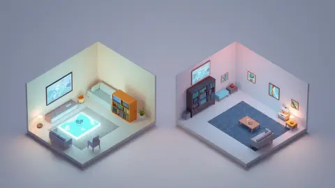 Cutaway view of four differently shaped rooms each holding a glowing tank arena adapted to its furniture