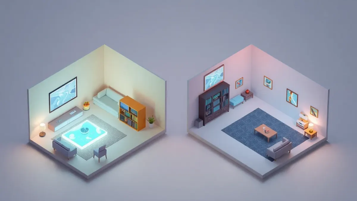 Cutaway view of four differently shaped rooms each holding a glowing tank arena adapted to its furniture