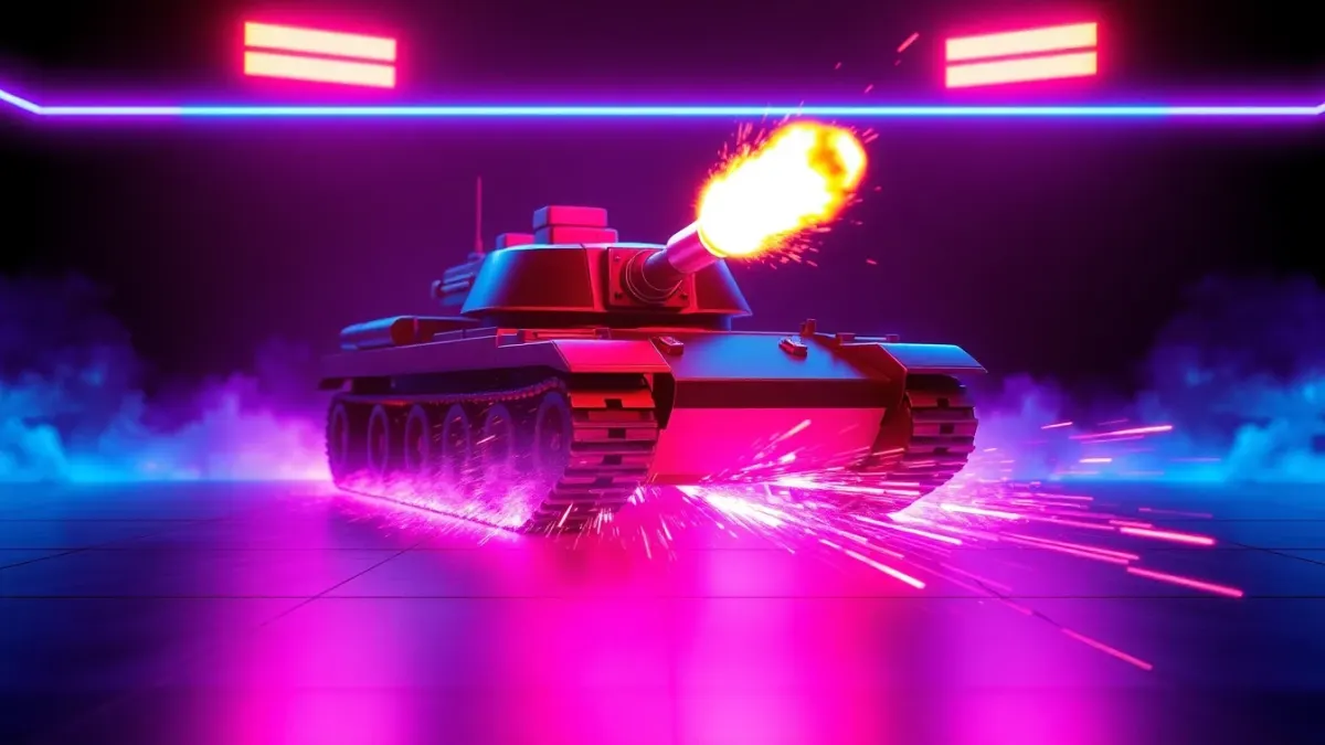 Glowing tank firing explosive shells in a neon arcade-style scene