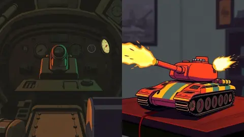 Contrast between a realistic tank interior and a colorful toy-like tank on a table