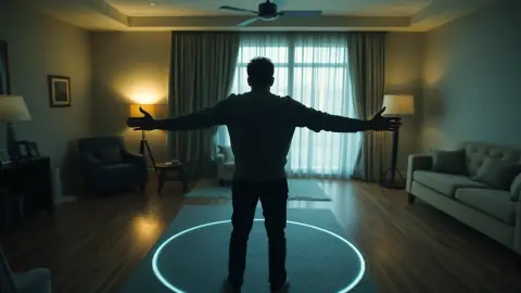 Person with outstretched arms in a living room, a faint circle on the floor marking reach