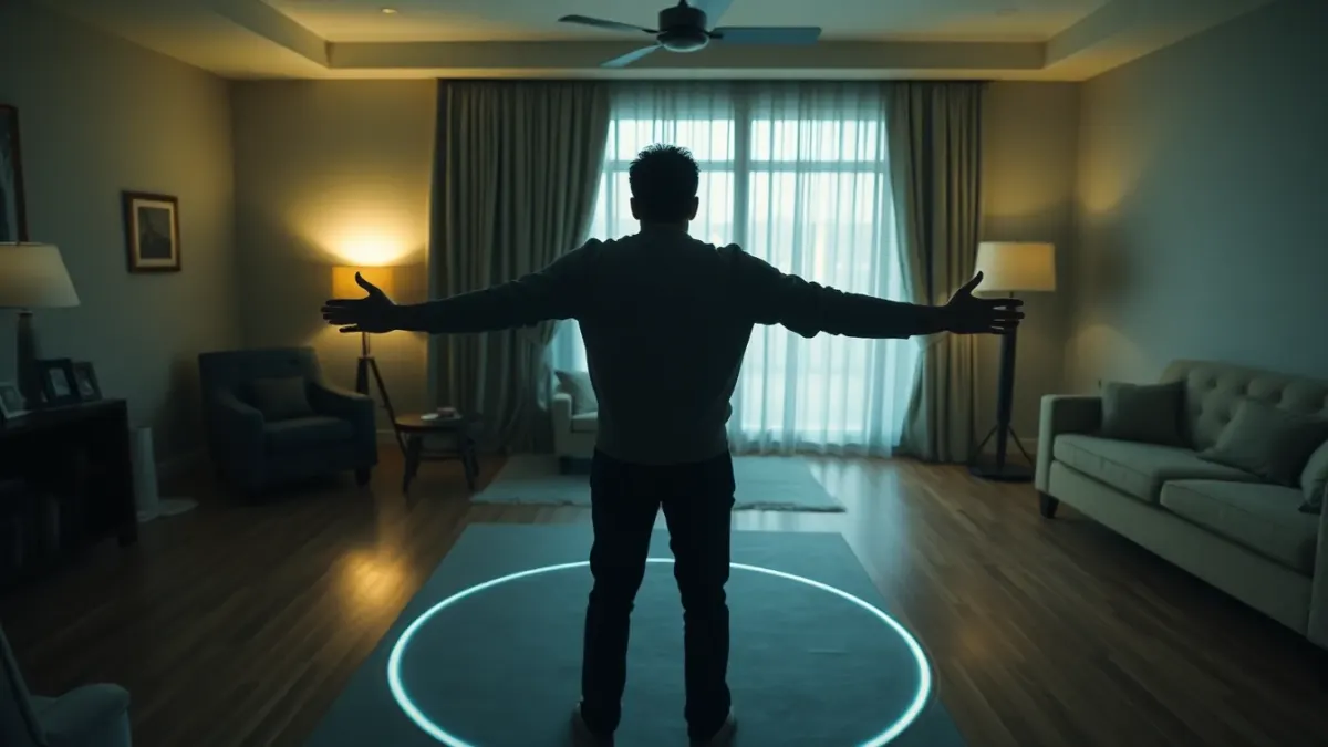 Person with outstretched arms in a living room, a faint circle on the floor marking reach