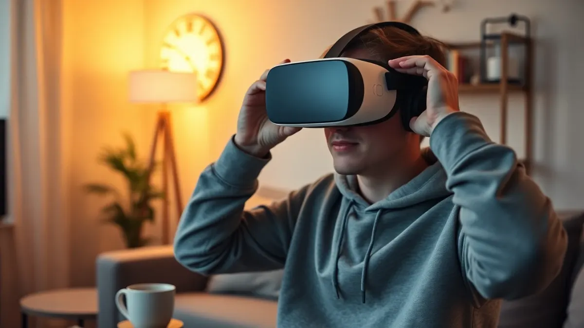 Person putting on a VR headset in the evening after work