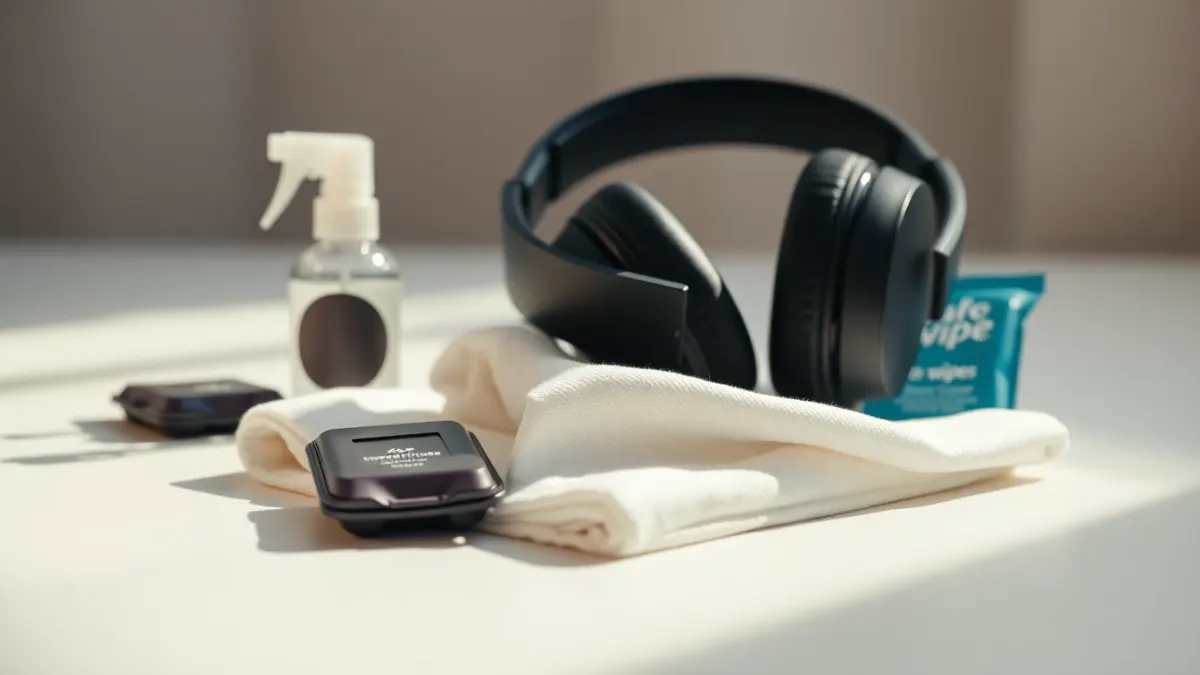 Headset on a microfiber cloth beside gentle cleaning wipes