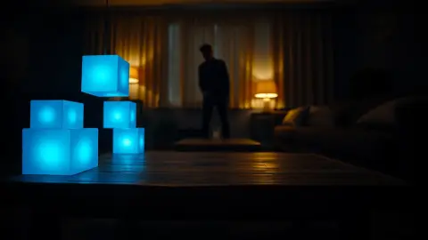 Glowing virtual blocks hovering above a wooden coffee table in a living room