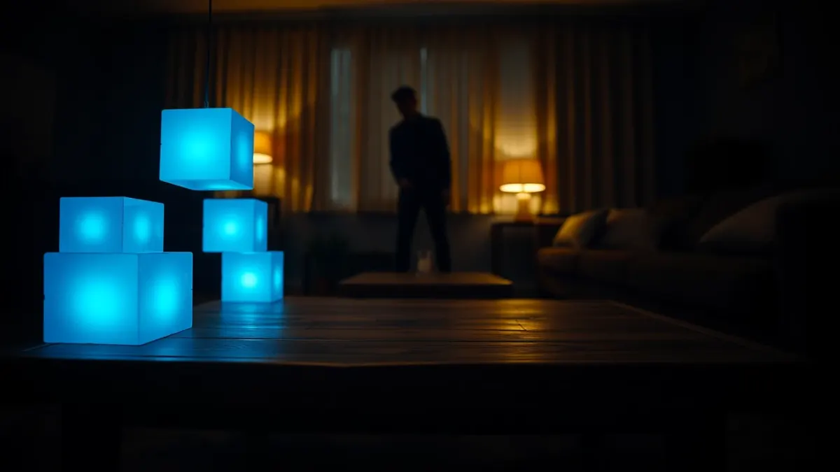 Glowing virtual blocks hovering above a wooden coffee table in a living room