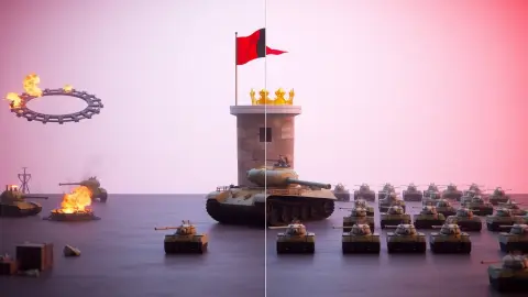 Four scenes showing a target ring, a flag on a tower, a crowned giant tank and waves of enemy tanks