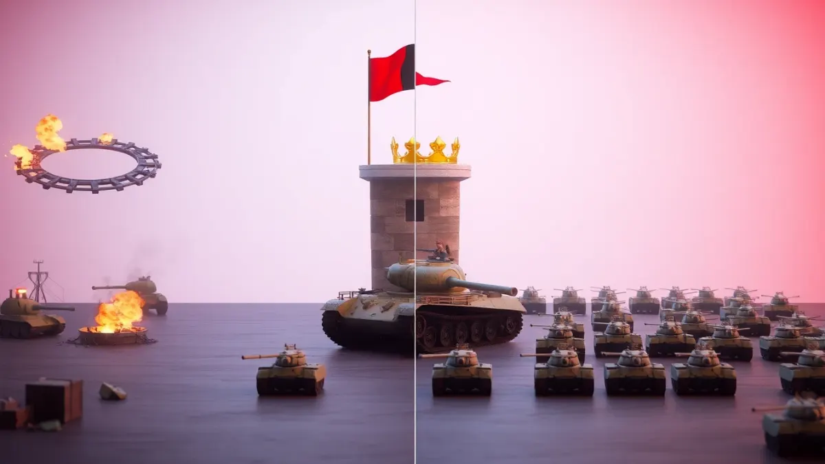 Four scenes showing a target ring, a flag on a tower, a crowned giant tank and waves of enemy tanks
