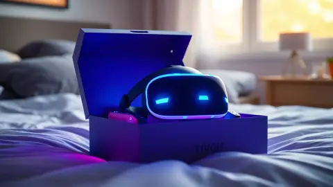 Freshly unboxed VR headset and controllers on a bed