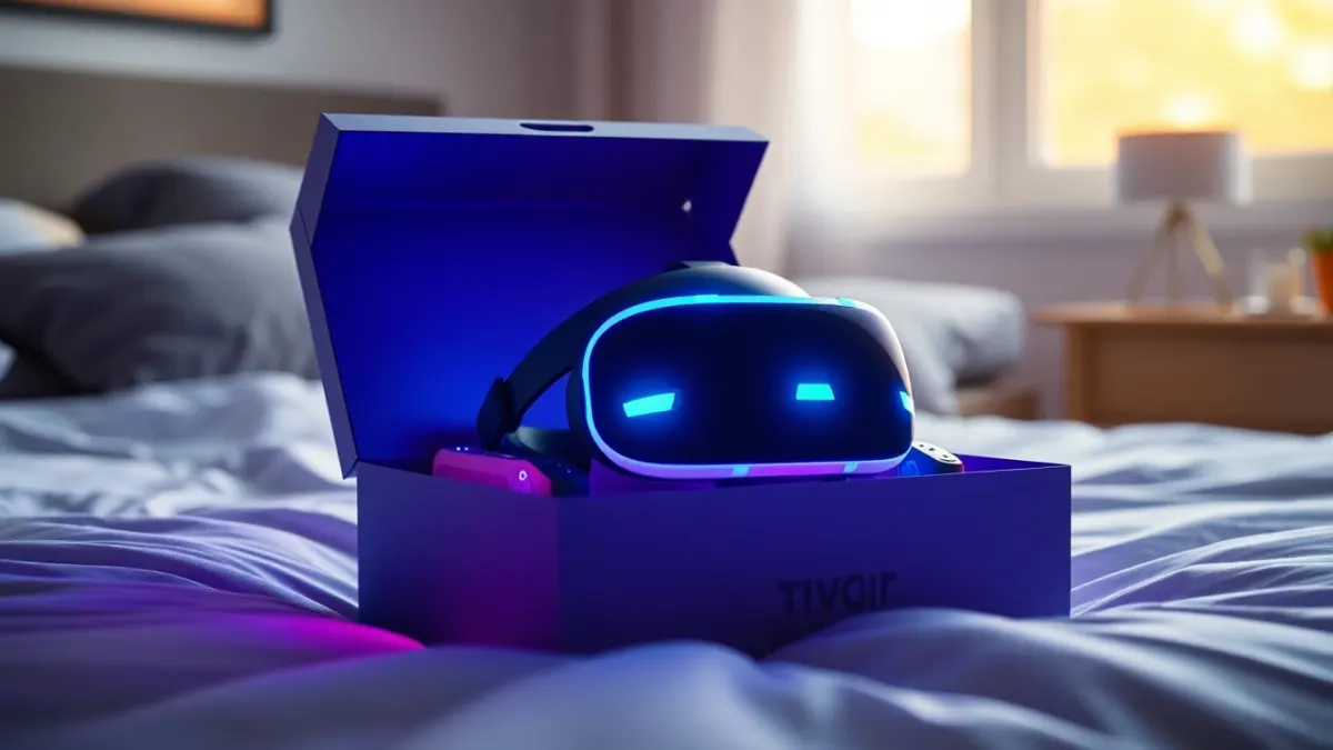 Freshly unboxed VR headset and controllers on a bed