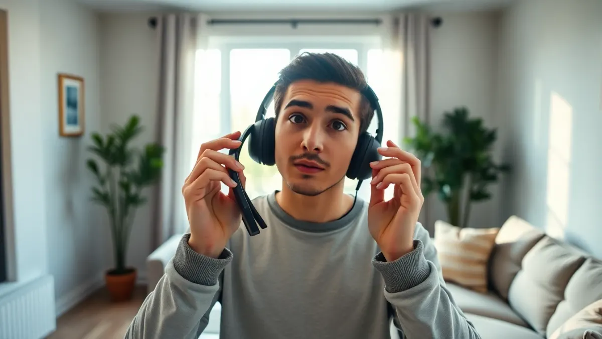 Curious person holding a headset in a tidy sunlit living room