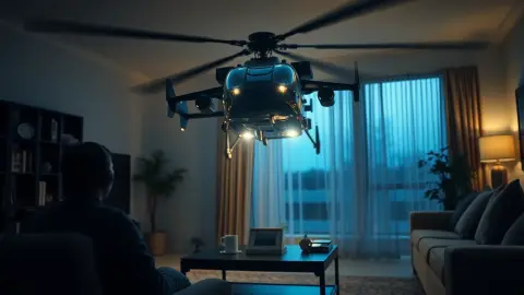 Glowing helicopter hovering above a coffee table in a living room at dusk