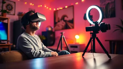 Creator in a VR headset in a home studio with a camera on a tripod