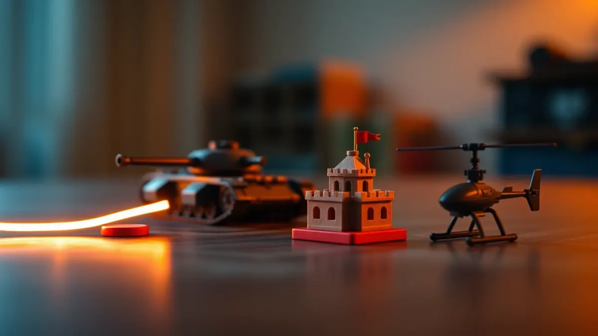 Toy tank, glowing ricochet line, fortress block and tiny helicopter arranged on a table