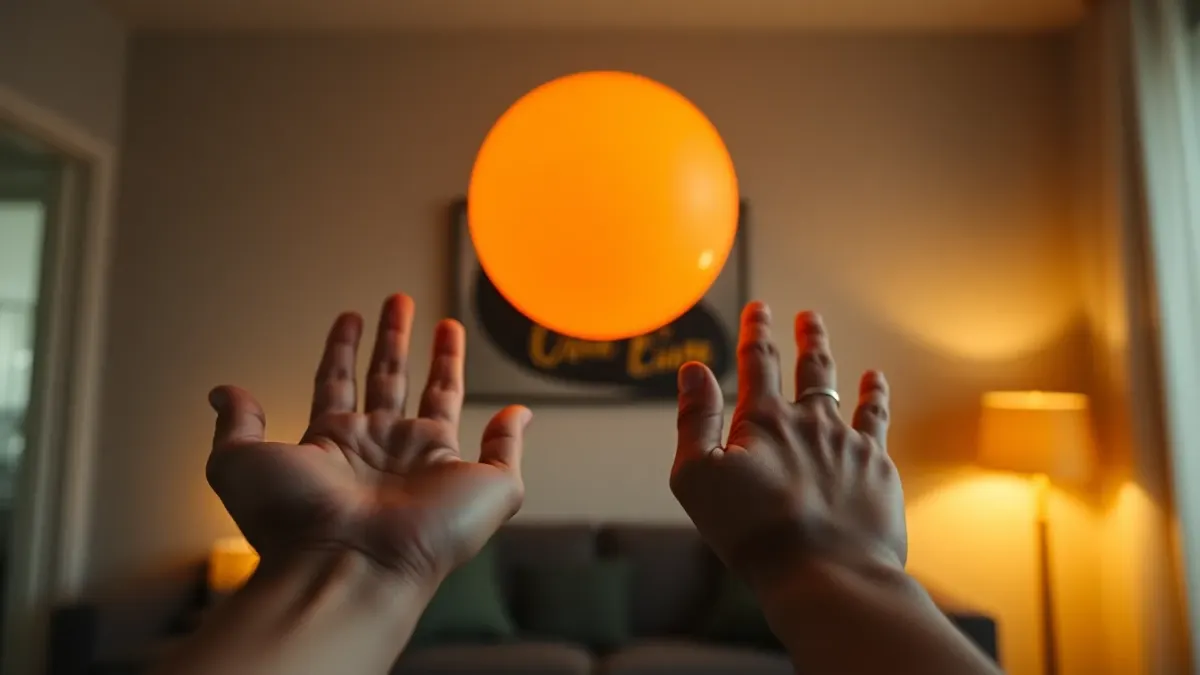 Two open hands reaching toward a glowing orange sphere in a dim living room