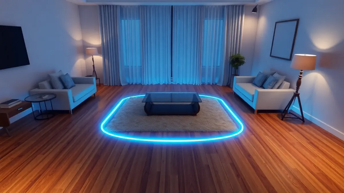 Living room with a glowing blue boundary line around a clear rug area