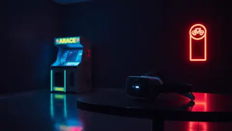 A glowing vintage arcade cabinet next to a modern VR headset on a table