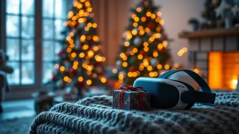 Wrapped gift and VR headset on a blanket near a decorated tree