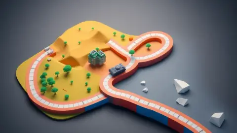 Isometric path through city, desert, jungle and ice zones with a tiny tank travelling along it