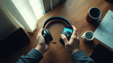 Hands holding a headset and a phone on a desk before installing a game