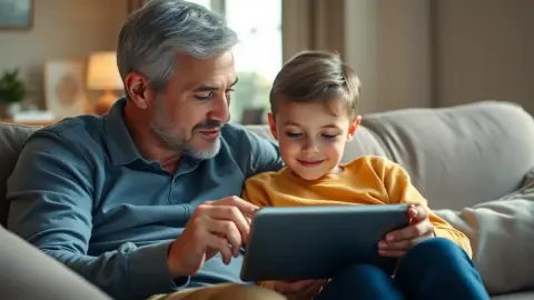 Parent and teenager looking at a tablet together on a sofa