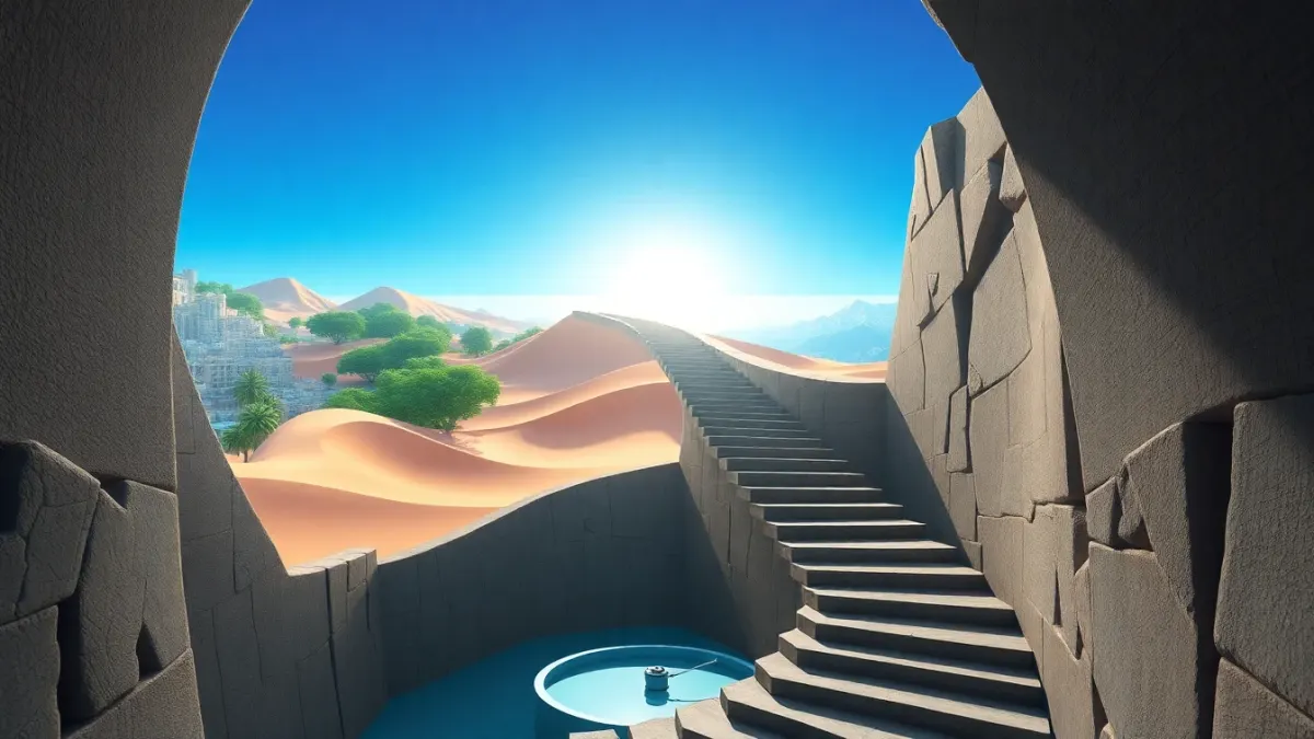 Winding path of floating tiles rising through city, desert, jungle and ice zones