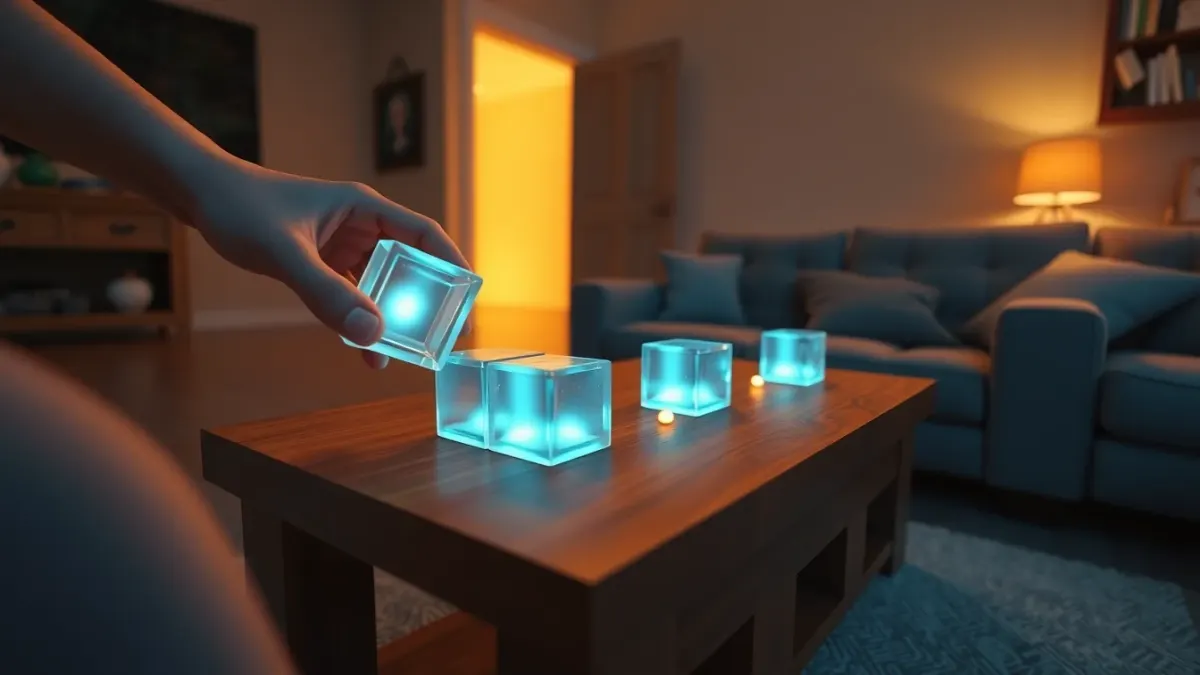 Hand placing glowing blocks on a coffee table to design a game arena