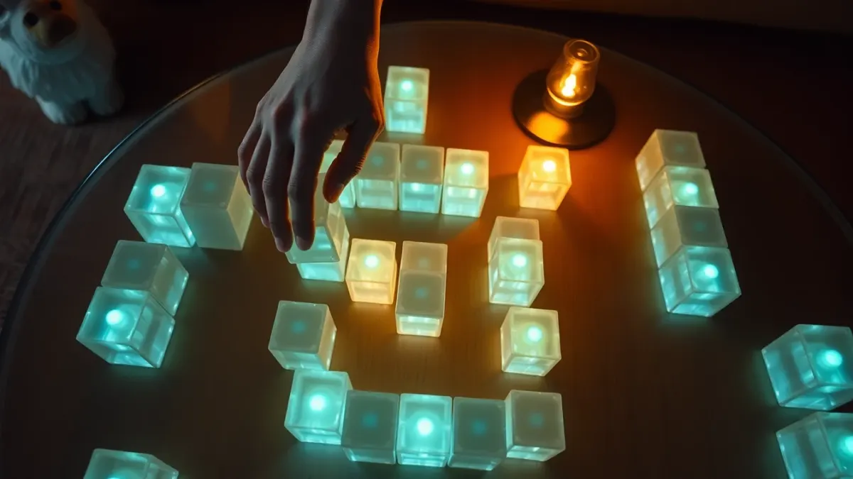 Hand placing a glowing block onto a coffee table arena built from translucent blocks