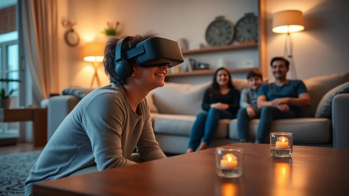 Family watching a teenager play a mixed reality game around a coffee table