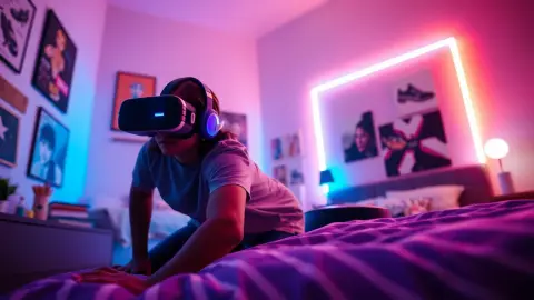 Teen in a bedroom crouching and dodging while wearing a VR headset