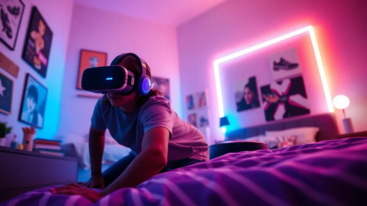 Teen in a bedroom crouching and dodging while wearing a VR headset