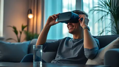Person taking a break from VR on a sofa with a glass of water