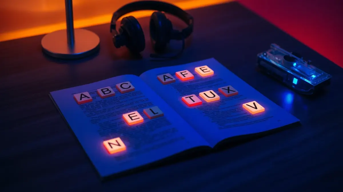 Glowing tiles arranged like a dictionary page beside a small headset and toy tank